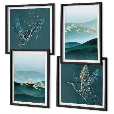 Galería de pared con paisajes abstractos de olas y pájaros
