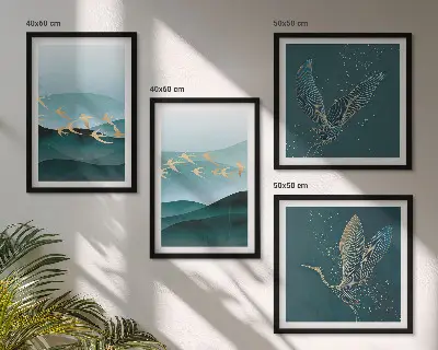 Galería de pared con paisajes abstractos de olas y pájaros
