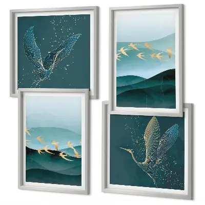 Galería de pared con paisajes abstractos de olas y pájaros