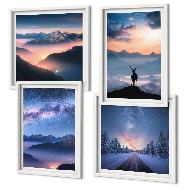 Set de cuadros modernos para salón con diseño de ciervo entre montañas bajo niebla y cielo nocturno