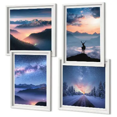 Set de cuadros modernos para salón con diseño de ciervo entre montañas bajo niebla y cielo nocturno