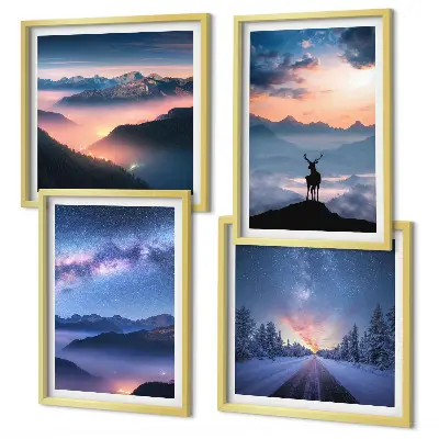 Set de cuadros modernos para salón con diseño de ciervo entre montañas bajo niebla y cielo nocturno
