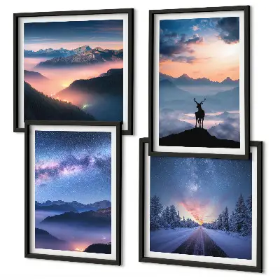 Set de cuadros modernos para salón con diseño de ciervo entre montañas bajo niebla y cielo nocturno