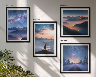 Set de cuadros modernos para salón cielo nocturno montañas niebla ciervo