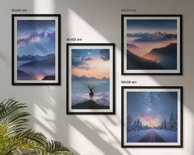 Set de cuadros modernos para salón con diseño de ciervo entre montañas bajo niebla y cielo nocturno