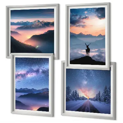 Set de cuadros modernos para salón con diseño de ciervo entre montañas bajo niebla y cielo nocturno