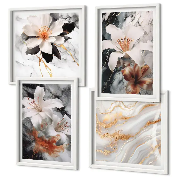 Set de 4 cuadros decorativos para salón con diseño de flores en mármol blanco y negro