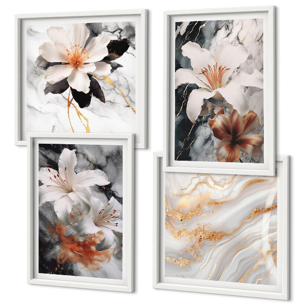 Set de 4 cuadros para salón Flores mármol blanco negro