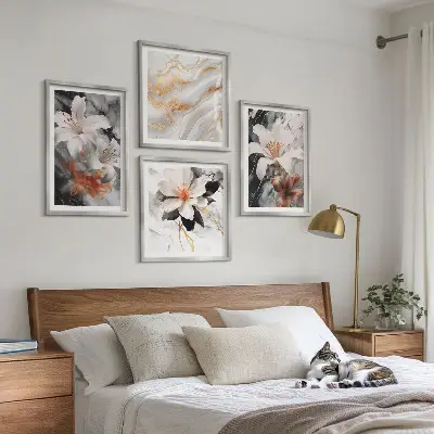 Set de 4 cuadros decorativos para salón con diseño de flores en mármol blanco y negro