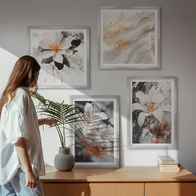 Set de 4 cuadros decorativos para salón con diseño de flores en mármol blanco y negro