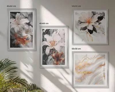 Set de 4 cuadros decorativos para salón con diseño de flores en mármol blanco y negro