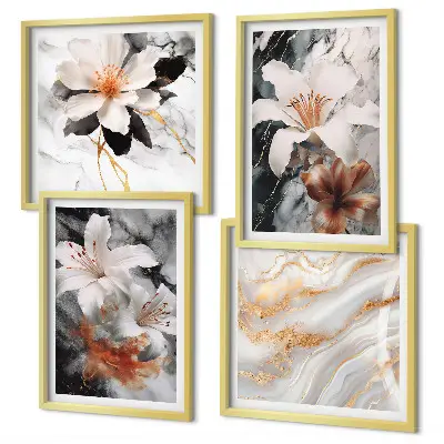 Set de 4 cuadros decorativos para salón con diseño de flores en mármol blanco y negro