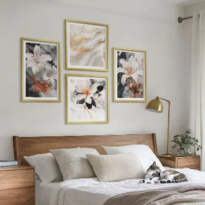 Set de 4 cuadros decorativos para salón con diseño de flores en mármol blanco y negro