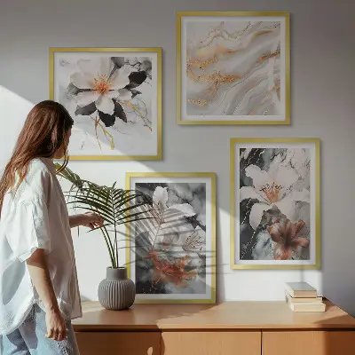 Set de 4 cuadros decorativos para salón con diseño de flores en mármol blanco y negro
