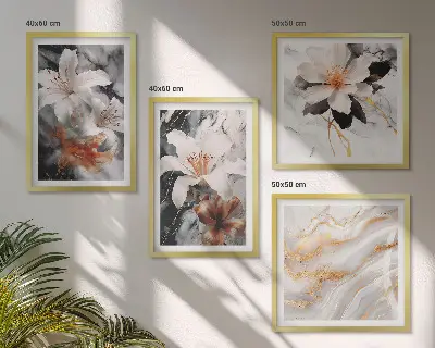 Set de 4 cuadros decorativos para salón con diseño de flores en mármol blanco y negro