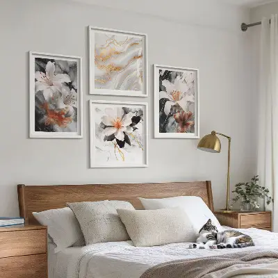 Set de 4 cuadros decorativos para salón con diseño de flores en mármol blanco y negro
