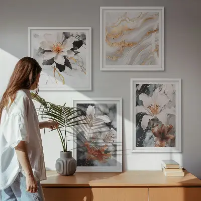 Set de 4 cuadros decorativos para salón con diseño de flores en mármol blanco y negro