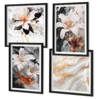 Set de 4 cuadros decorativos para salón con diseño de flores en mármol blanco y negro