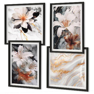 Set de 4 cuadros para salón Flores mármol blanco negro