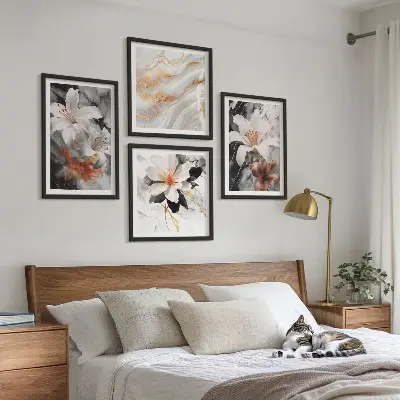 Set de 4 cuadros decorativos para salón con diseño de flores en mármol blanco y negro