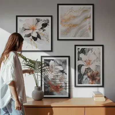 Set de 4 cuadros decorativos para salón con diseño de flores en mármol blanco y negro