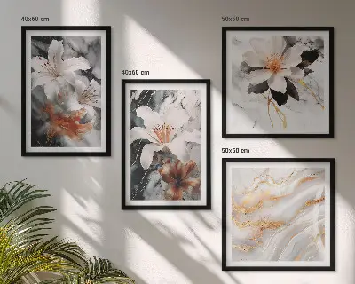 Set de 4 cuadros decorativos para salón con diseño de flores en mármol blanco y negro