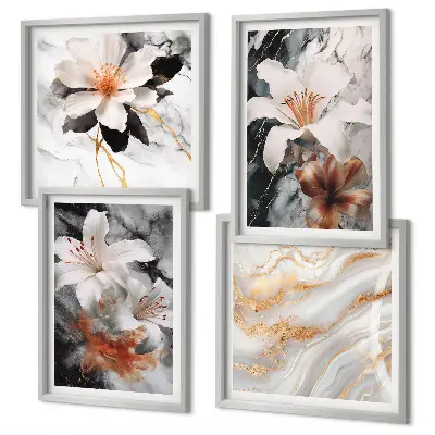 Set de 4 cuadros decorativos para salón con diseño de flores en mármol blanco y negro