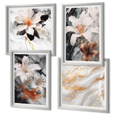 Set de 4 cuadros para salón Flores mármol blanco negro