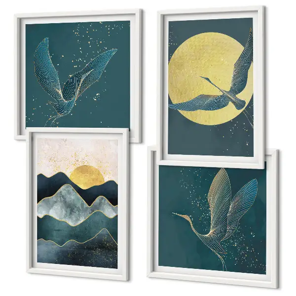 Set de 4 cuadros para salón con diseño de pájaros, grullas, luna y montañas