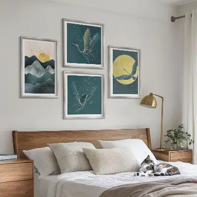 Set de 4 cuadros para salón con diseño de pájaros, grullas, luna y montañas