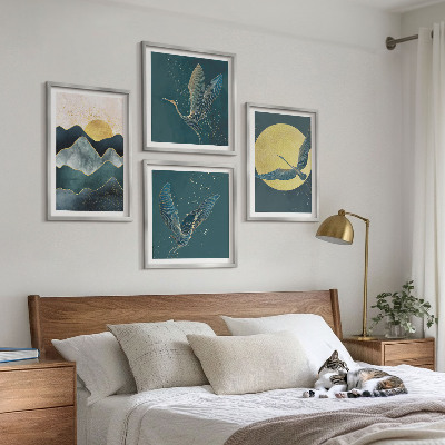 Set de 4 cuadros para salón Pájaros, grullas, luna, montañas