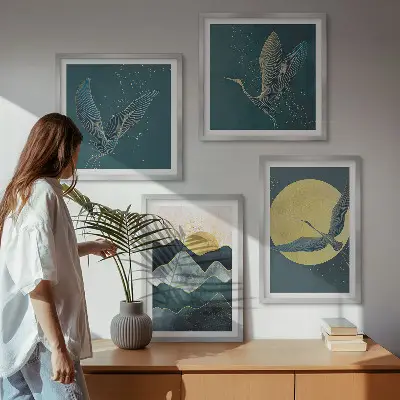 Set de 4 cuadros para salón con diseño de pájaros, grullas, luna y montañas