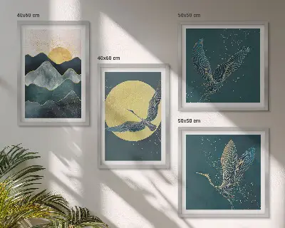 Set de 4 cuadros para salón con diseño de pájaros, grullas, luna y montañas