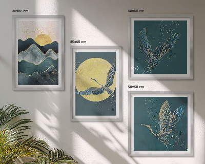 Set de 4 cuadros para salón Pájaros, grullas, luna, montañas