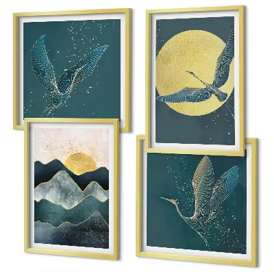 Set de 4 cuadros para salón con diseño de pájaros, grullas, luna y montañas