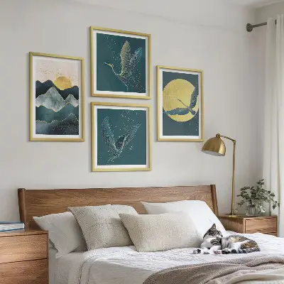 Set de 4 cuadros para salón con diseño de pájaros, grullas, luna y montañas