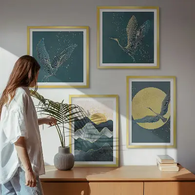 Set de 4 cuadros para salón con diseño de pájaros, grullas, luna y montañas