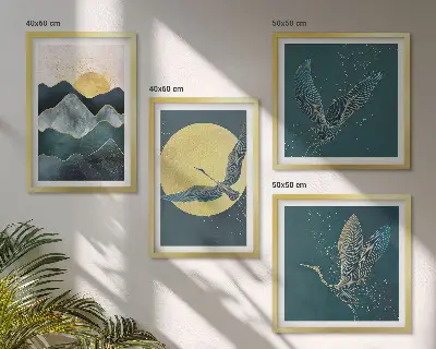 Set de 4 cuadros para salón con diseño de pájaros, grullas, luna y montañas