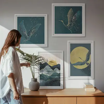 Set de 4 cuadros para salón con diseño de pájaros, grullas, luna y montañas