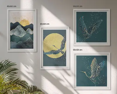 Set de 4 cuadros para salón con diseño de pájaros, grullas, luna y montañas