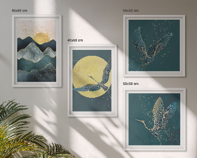 Set de 4 cuadros para salón Pájaros, grullas, luna, montañas