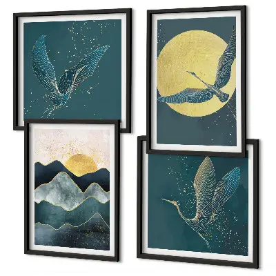 Set de 4 cuadros para salón con diseño de pájaros, grullas, luna y montañas