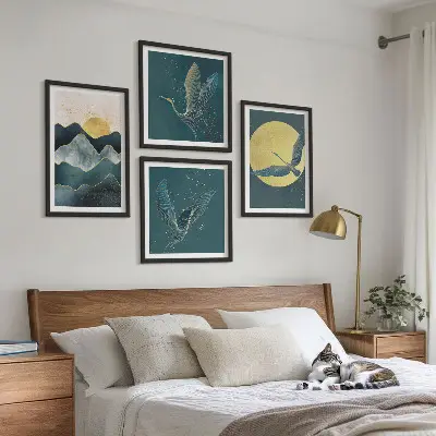 Set de 4 cuadros para salón con diseño de pájaros, grullas, luna y montañas