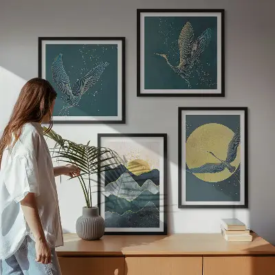 Set de 4 cuadros para salón con diseño de pájaros, grullas, luna y montañas