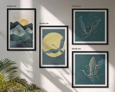 Set de 4 cuadros para salón con diseño de pájaros, grullas, luna y montañas