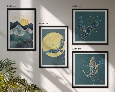 Set de 4 cuadros para salón Pájaros, grullas, luna, montañas