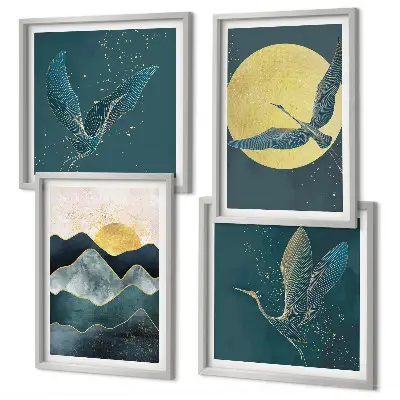 Set de 4 cuadros para salón con diseño de pájaros, grullas, luna y montañas