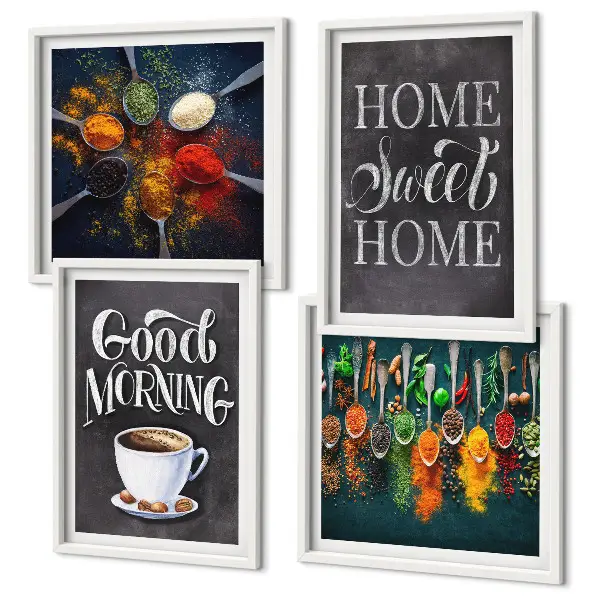 Set de cuadros modernos para salón con diseño de especias, café, taza y hierbas