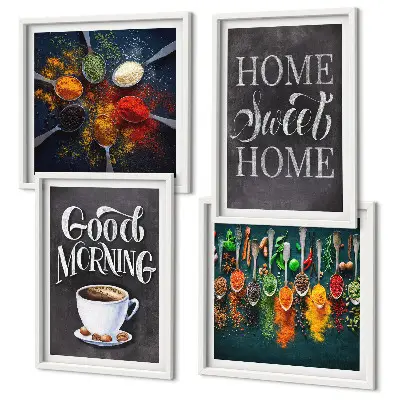 Set de cuadros modernos para salón con diseño de especias, café, taza y hierbas