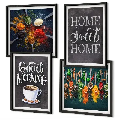 Set de cuadros modernos para salón con diseño de especias, café, taza y hierbas
